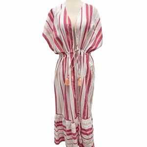 Faherty Stripe Longline Duster Coverup Carmine Pink White Size One Size